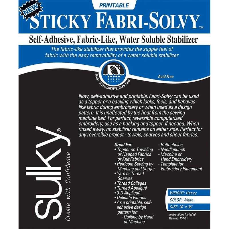 Sulky® Sticky Fabri-Solvy™ Printable Water-Soluble Stabilizer, 20" x 36"