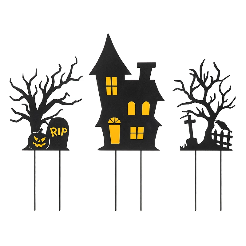 Glitzhome® 2ft. Halloween Metal Silhouette Haunted House and Ghost Tree Yard Stake Set