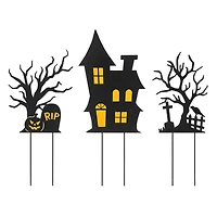 Glitzhome® 2ft. Halloween Metal Silhouette Haunted House and Ghost Tree Yard Stake Set