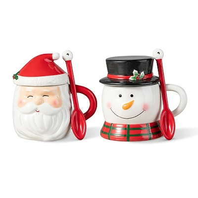 Glitzhome® Christmas Ceramic Santa & Snowman Mug with Lid & Spoon Set