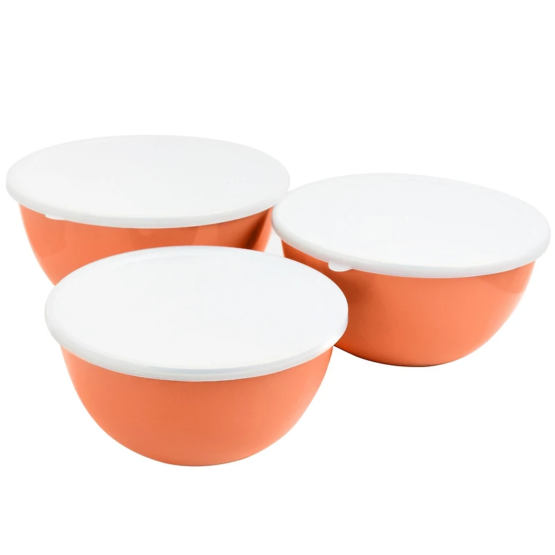 Gibson Home® Plaza Cafe Coral 3-Piece Stackable Nesting Mixing Bowl Set with Lids