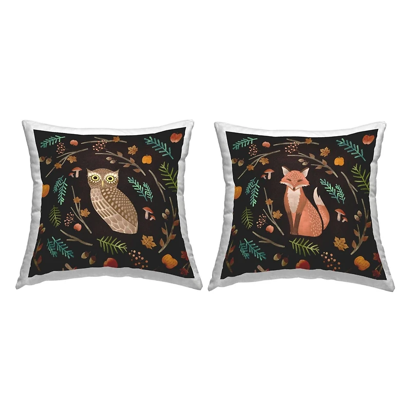 Stupell Industries Cozy Autumn Botanicals Owl & Fox Woodland Creatures Throw Pillow Set