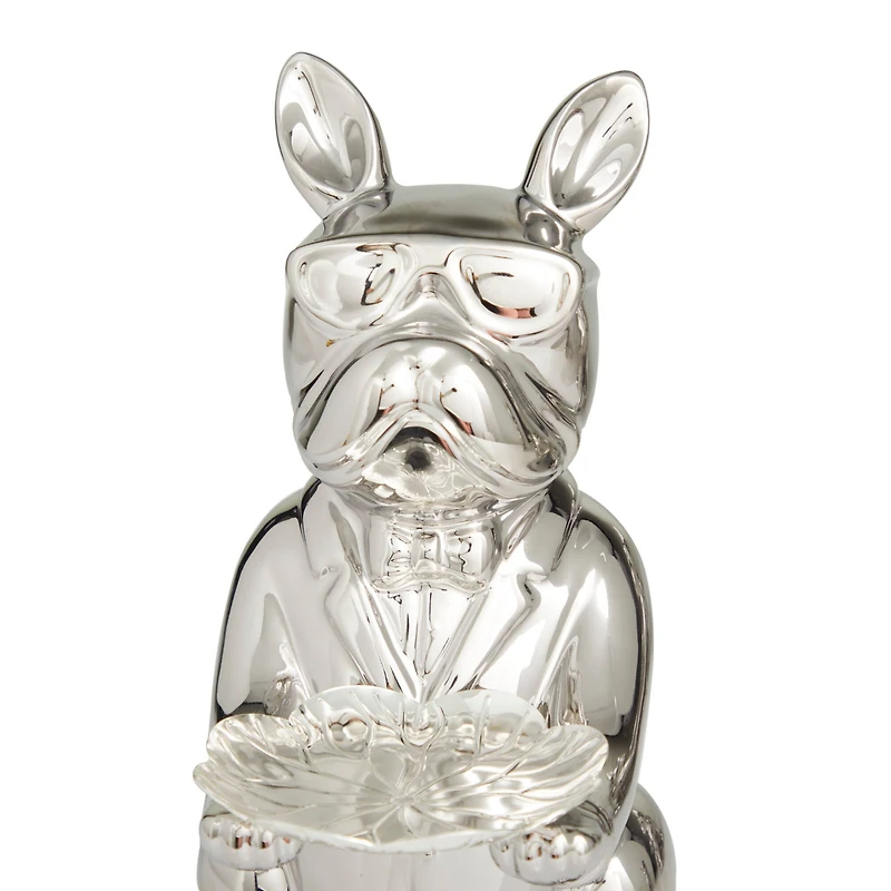 CosmoLiving by Cosmopolitan Silver Porcelain Bulldog with Sunglasses Sculpture Set