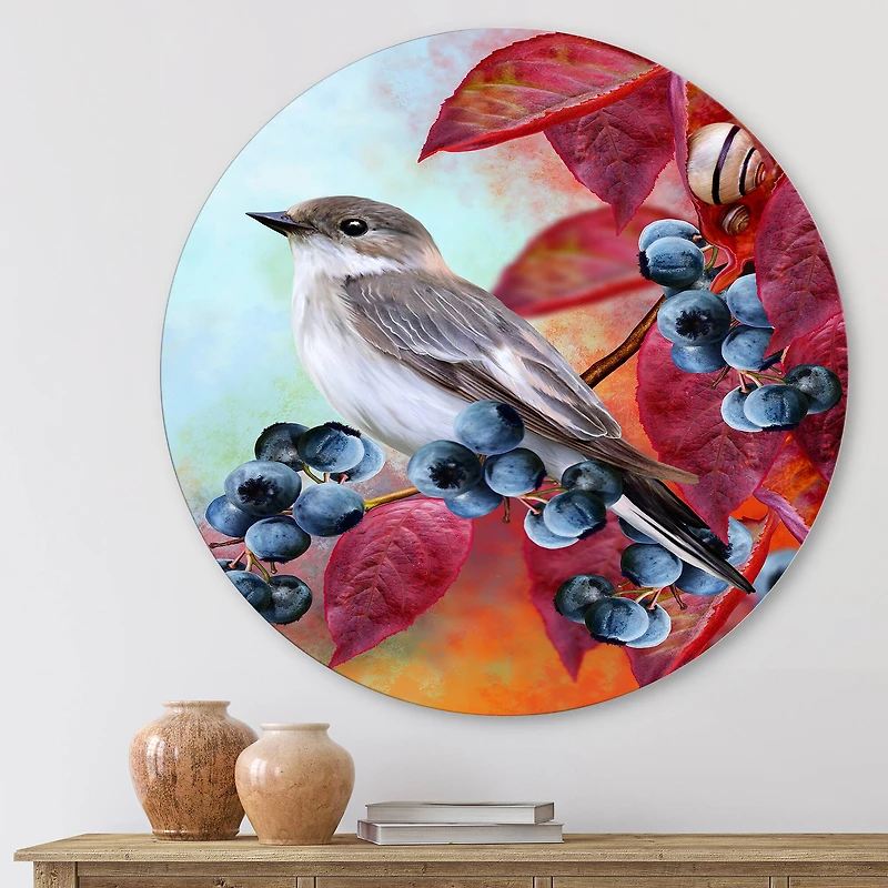 Designart - Little Gray Bird On Red Autumn On Blueberry Twig