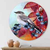 Designart - Little Gray Bird On Red Autumn On Blueberry Twig