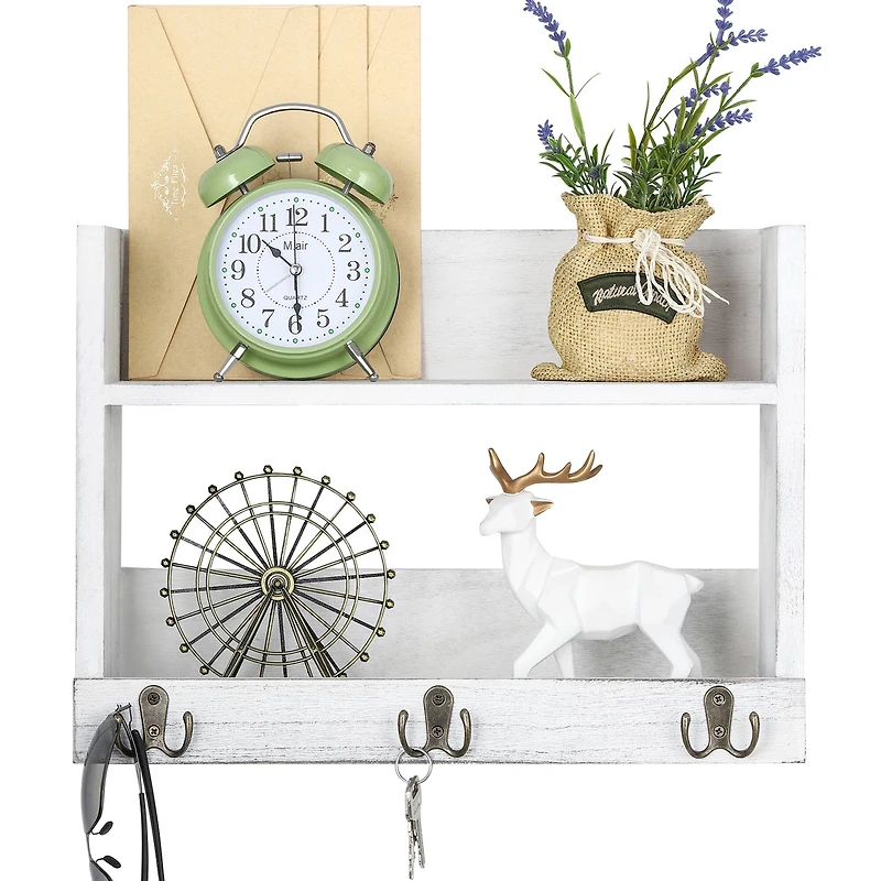 Rustic Wood Floating Storage Shelf with 3 Hooks