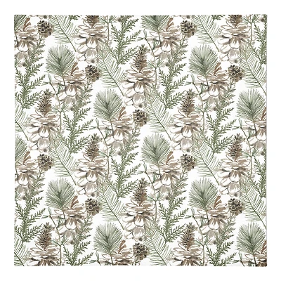 Pine Cones & Greenery on White Cotton Twill Napkin
