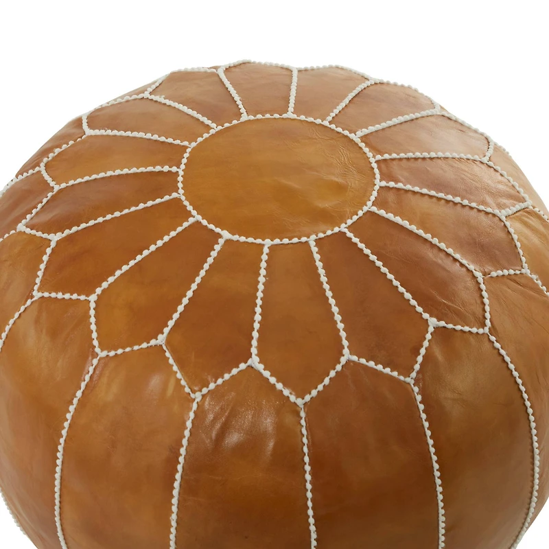 Light Brown Leather Bohemian Pouf, 24" x 24" x 18"