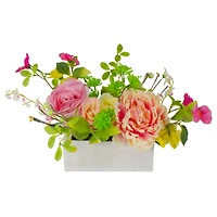 14'' Pink and Yellow Artificial Roses and Peony Floral  Arrangement in Planter