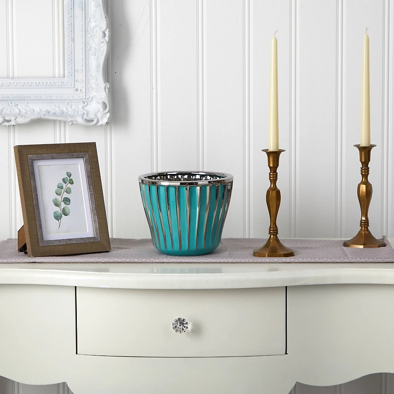 6" Turquoise Vase with Silver Trimming