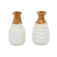 Set of 2 White Teak Wood Coastal Style Vase 6", 10"