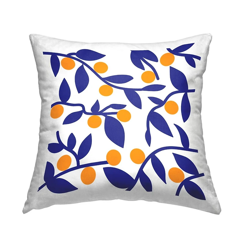 Stupell Industries Modern Orange Berries Botanical Blue Leaves Throw Pillow, 18" x 18"
