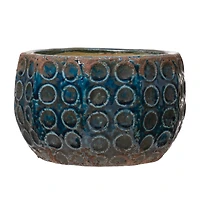 Hello Honey® 7" Distressed Blue Embossed Terra Cotta Planter with Circle Pattern