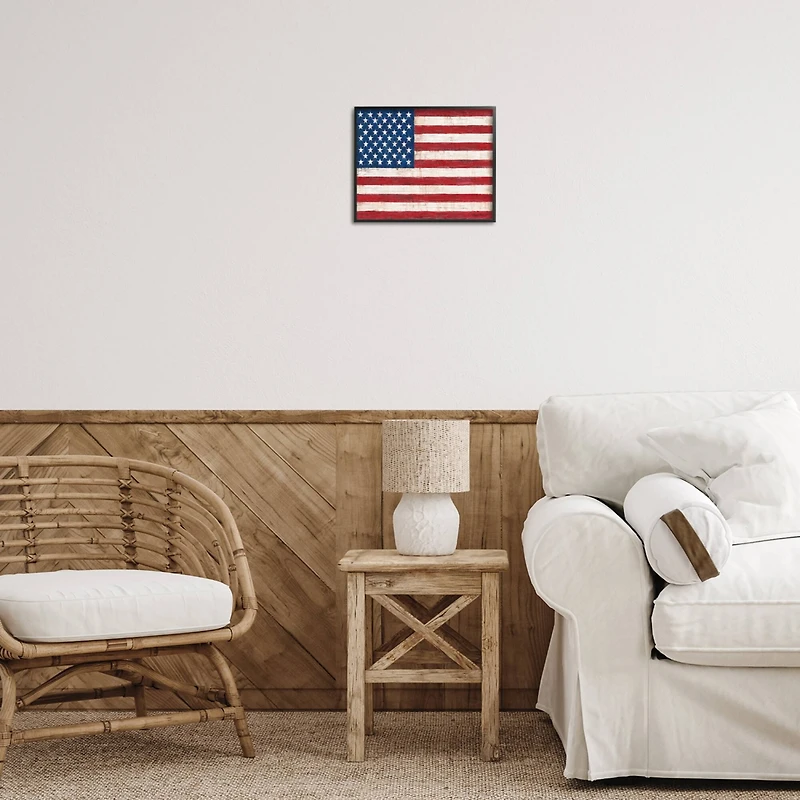 Stupell Industries Rustic American Flag Red White Blue Distressed Pattern Framed Giclee Art