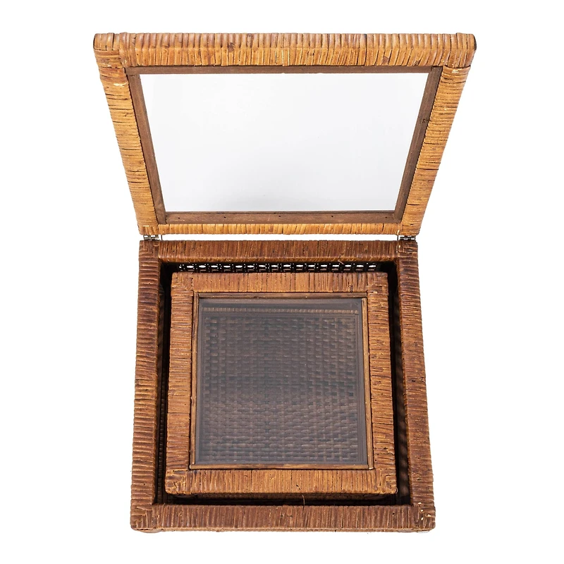Hello Honey® Dark Brown Modern Decorative Square Woven Rattan & Wood Display Box Set with Glass Top