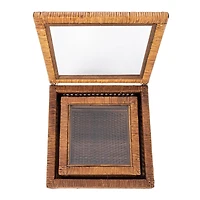 Hello Honey® Dark Brown Modern Decorative Square Woven Rattan & Wood Display Box Set with Glass Top