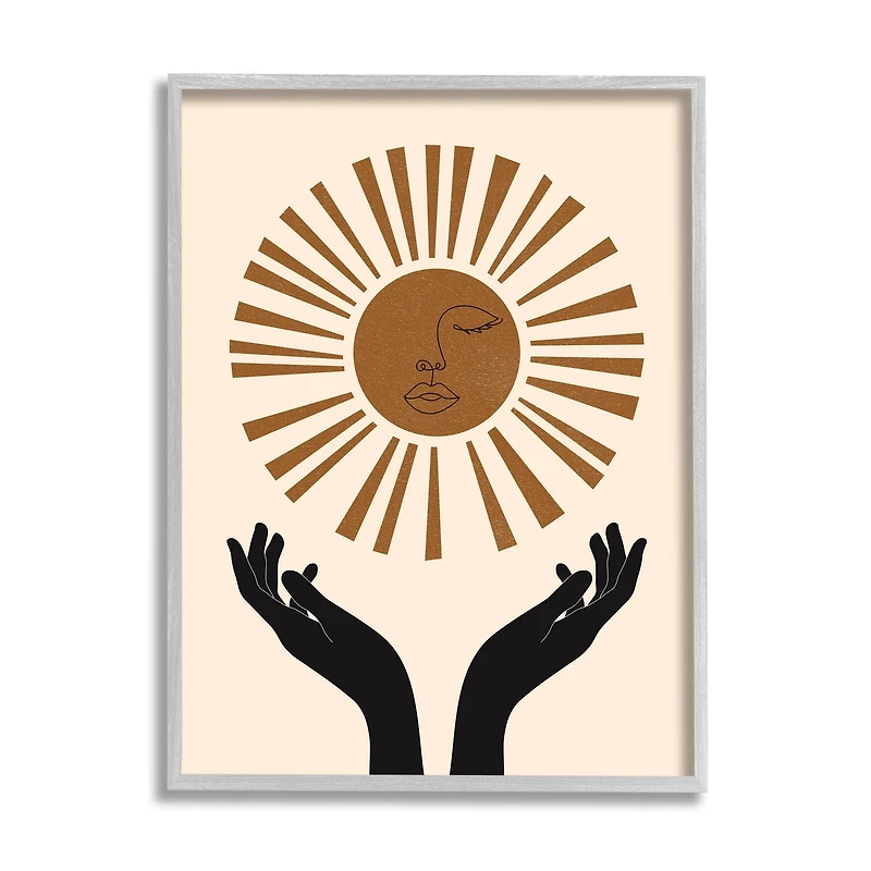 Stupell Industries Hands Holding Desert Sun with Face Linework in Frame Wall Art