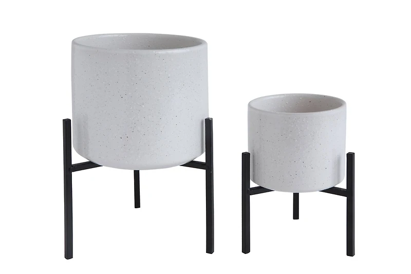 Hello Honey® 8" White Stoneware Flower Pot with Black Metal Stand