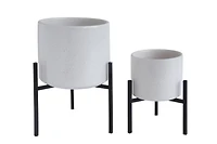 Hello Honey® 8" White Stoneware Flower Pot with Black Metal Stand