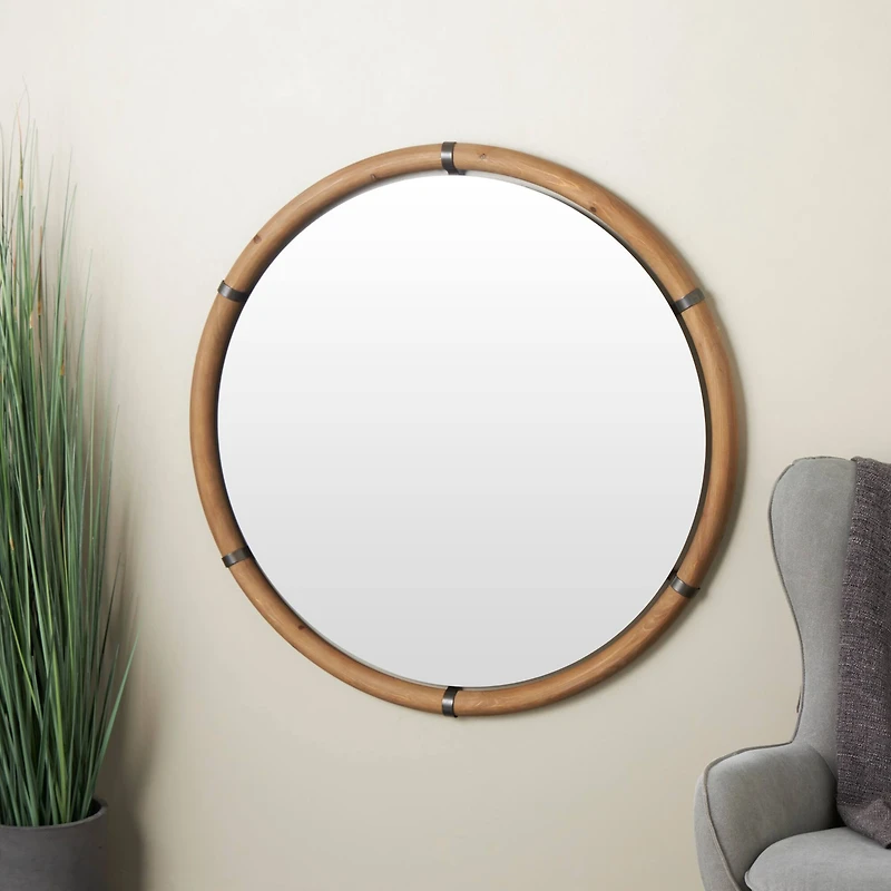 40" x 40" Brown Wood Round Design with Brass Metal Support Wall Mirror