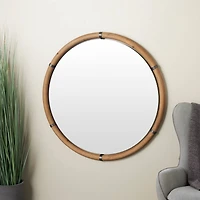 40" x 40" Brown Wood Round Design with Brass Metal Support Wall Mirror