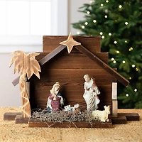 Wooden Nativity Stable with Star and Palm Tree - 22"