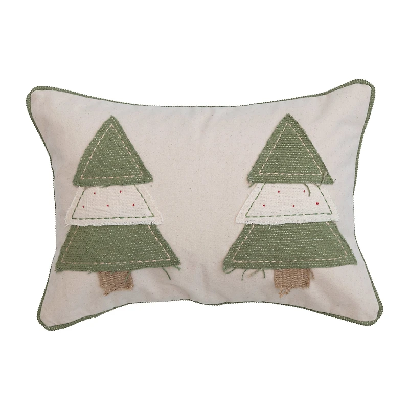 Hello Honey® Green & Cream Cotton Lumbar Pillow with Appliqued Trees