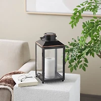 14" Black Metal Modern Candle Lantern with Gold Accents