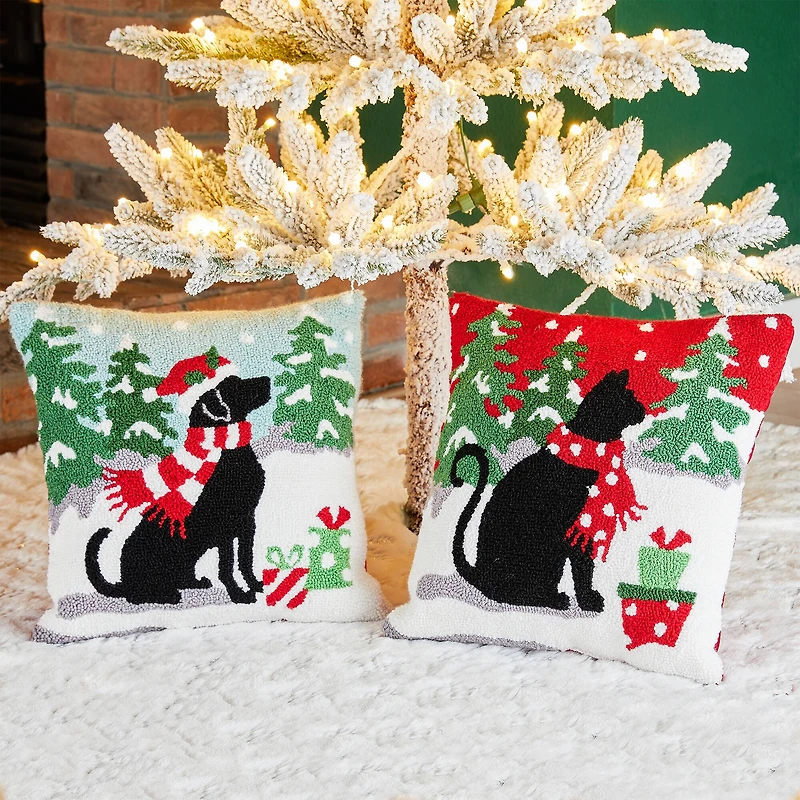 Glitzhome® Hooked Christmas Dog & Cat Throw Pillow Set