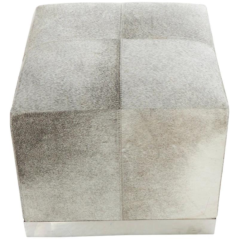 17" Gray Leather Patchwork Pouf with Silver Metal Base