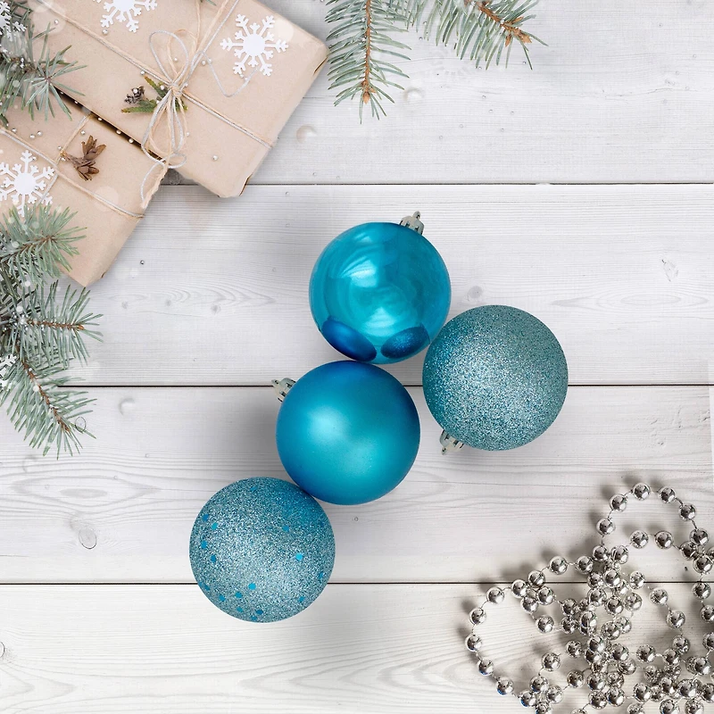 60ct Shatterproof Turquoise Blue 4-Finish Ball Ornaments