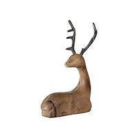 Hello Honey® 11.75"  Natural & Black Mango Wood Lying Reindeer with Aluminum Antlers