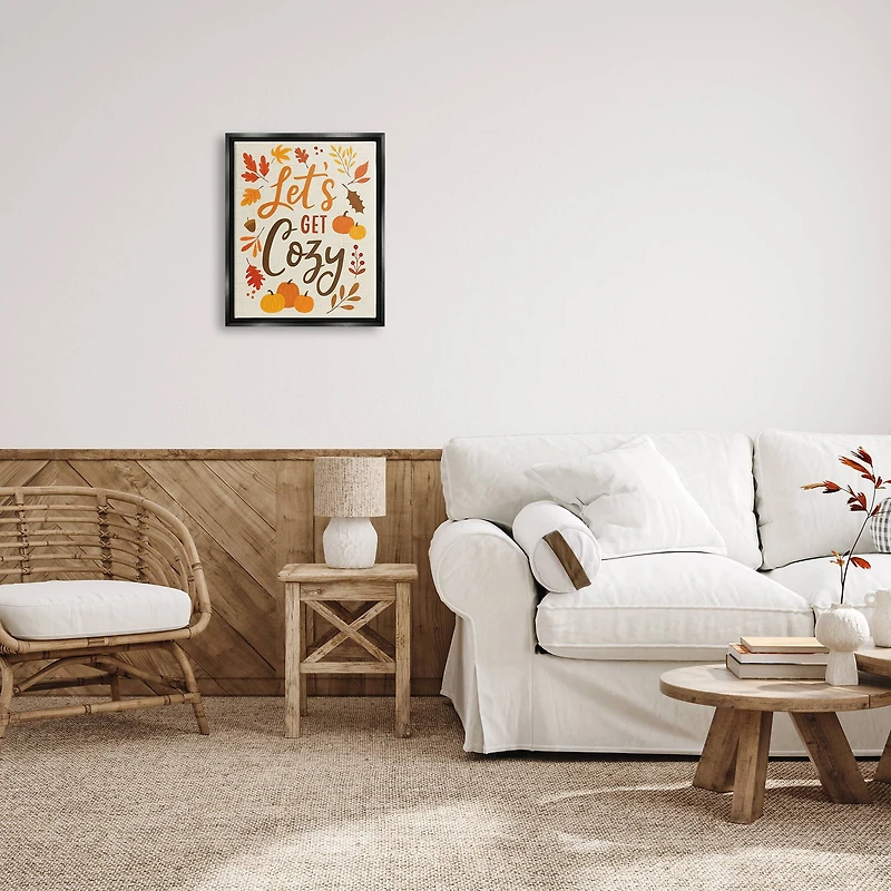 Stupell Industries Lets Get Cozy Autumnal Leaf Sprigs Framed Floater Canvas Wall Art