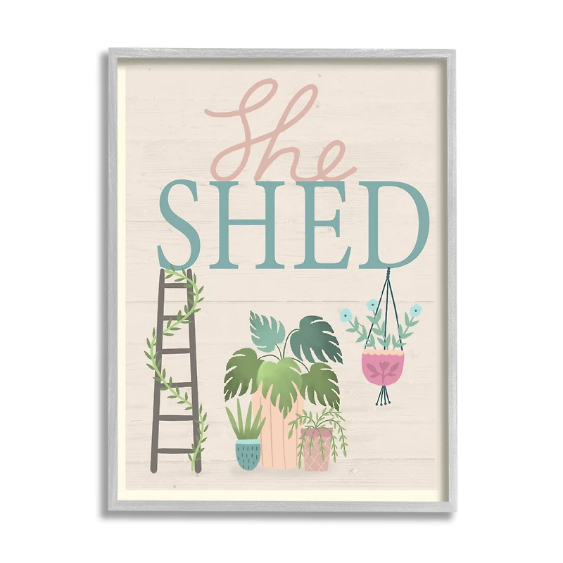 Stupell Industries She Shed Sign Tropical Plants Ladder and Green Vines in Gray Frame Wall Art