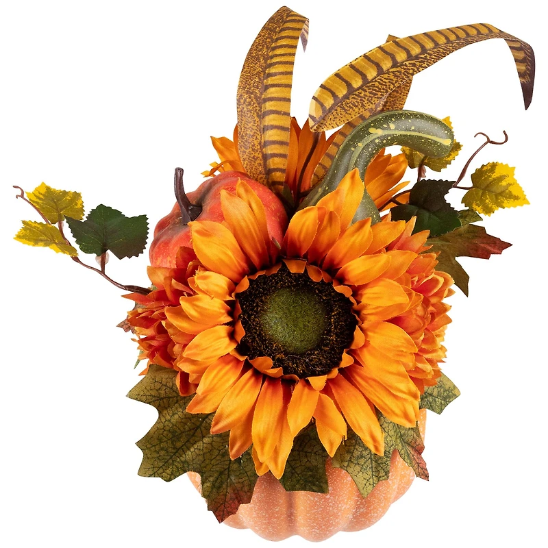 10" Autumn Harvest Pumpkin with Sunflowers, Mums & Pine Cones Décor