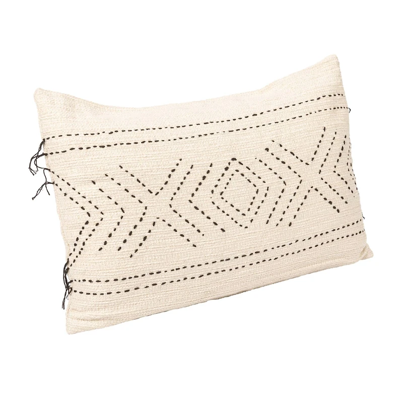 Hello Honey® Natural & Black Hand-Embroidered Cotton Lumbar Pillow with Kantha Stitch