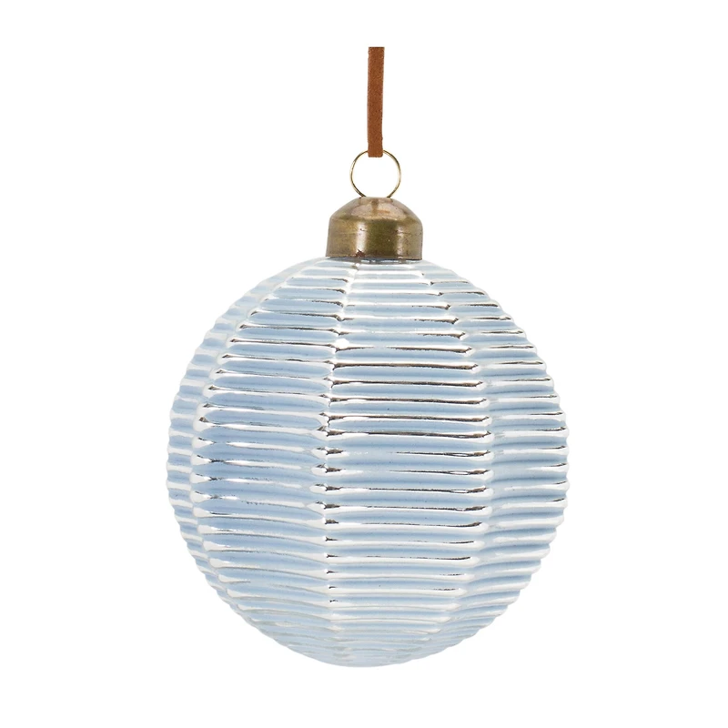 3" Ribbed Blue & White Glass Ball Ornament Set