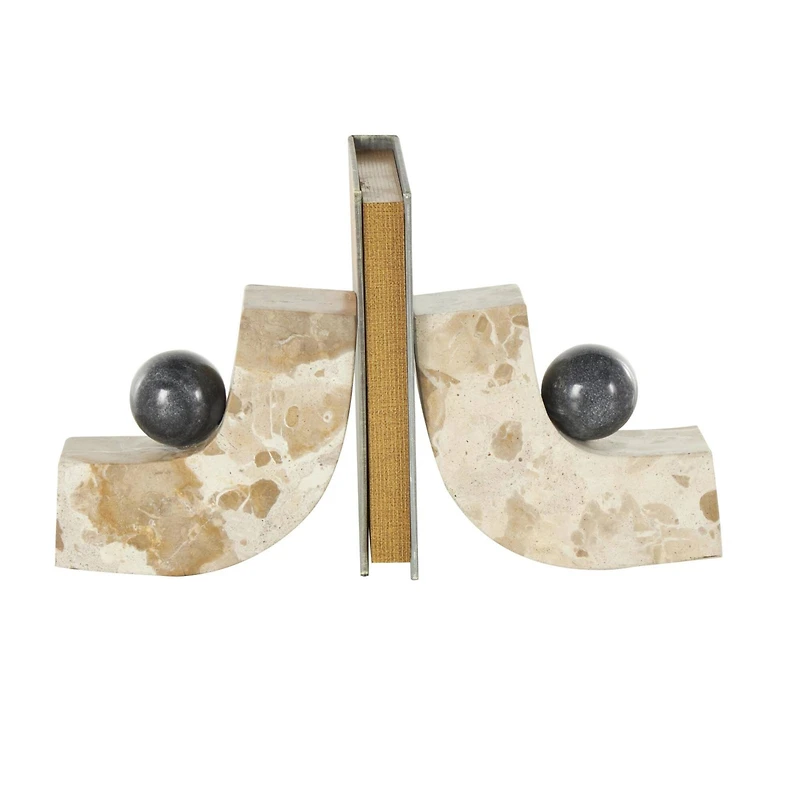 5" Brown Marble Arched Curved Bookends with Black Orbs, 2ct