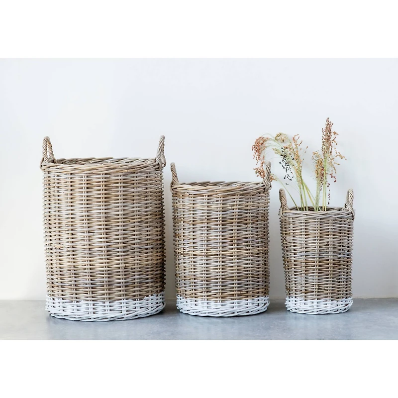 Hello Honey® Beige Rattan Baskets with White Dipped Base & Handles Set