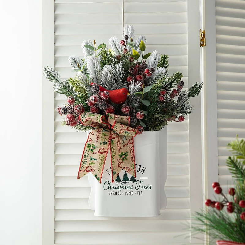 Glitzhome® 21" Christmas Pine Needle & Berry Ribbon Centerpiece