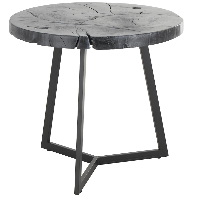 21.5" Black Teak Wood Handmade Live Edge Accent Table with Black Metal Base