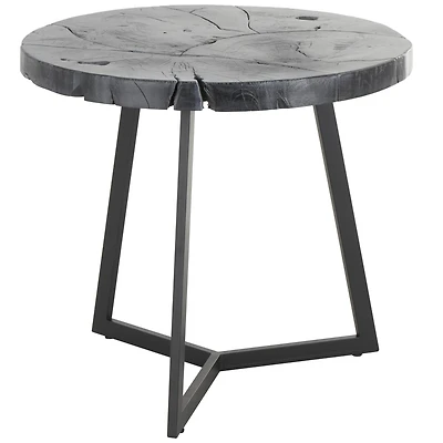 21.5" Black Teak Wood Handmade Live Edge Accent Table with Black Metal Base