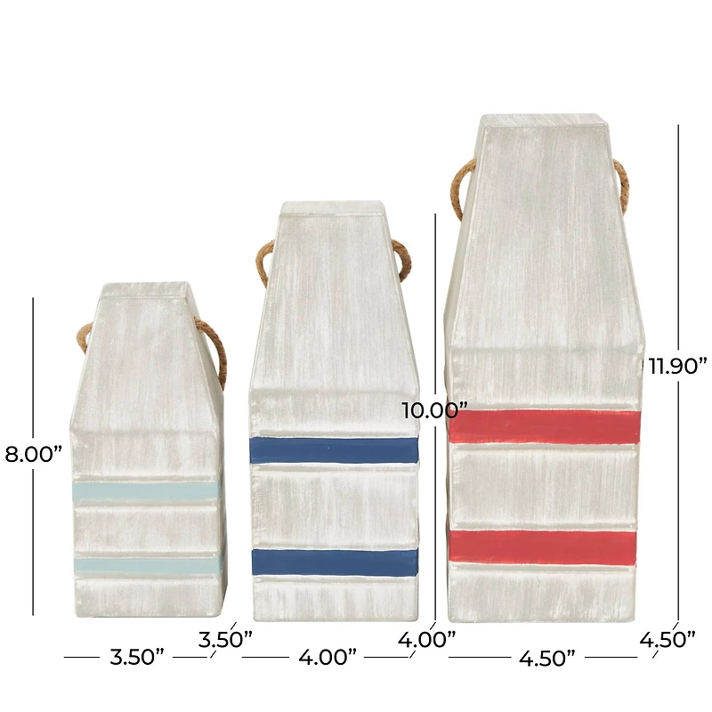 White Metal Striped Buoy Sculpture with Rope Handles Set