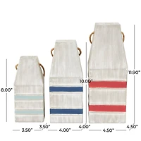 White Metal Striped Buoy Sculpture with Rope Handles Set