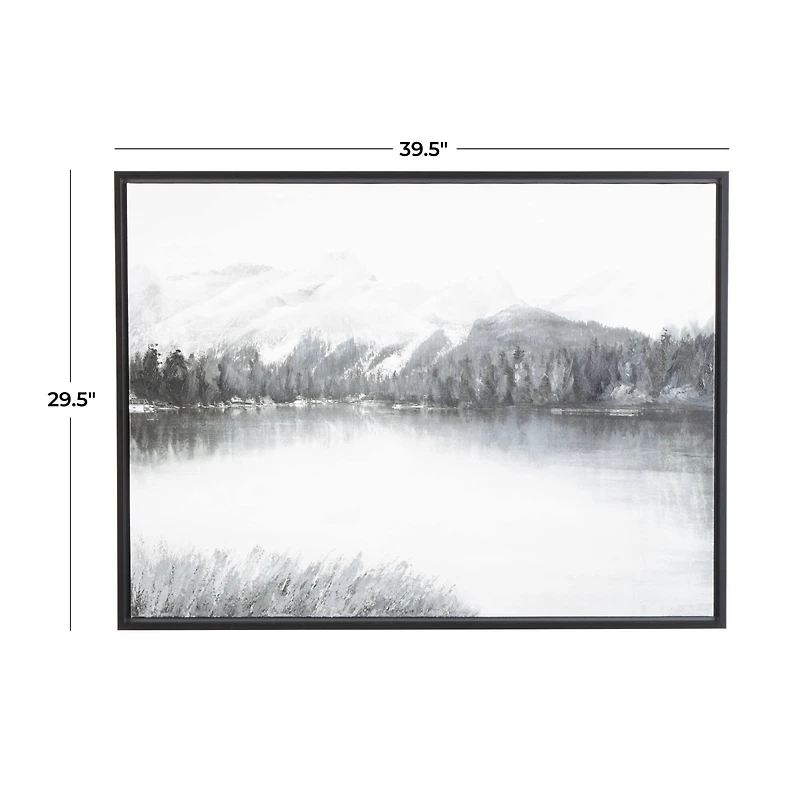 40" x 30" Gray Neutral Lake Landscape Canvas Framed Wall Art with Black Frame