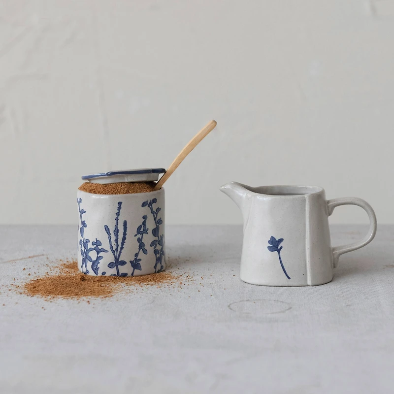 Hello Honey® Antique White & Blue Hand Stamped Stoneware Sugar Pot & Creamer Set