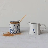 Hello Honey® Antique White & Blue Hand Stamped Stoneware Sugar Pot & Creamer Set