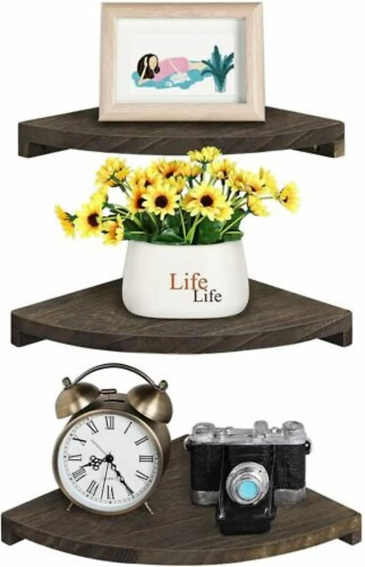 Brown Rustic Floating Corner Wall Shelf Set