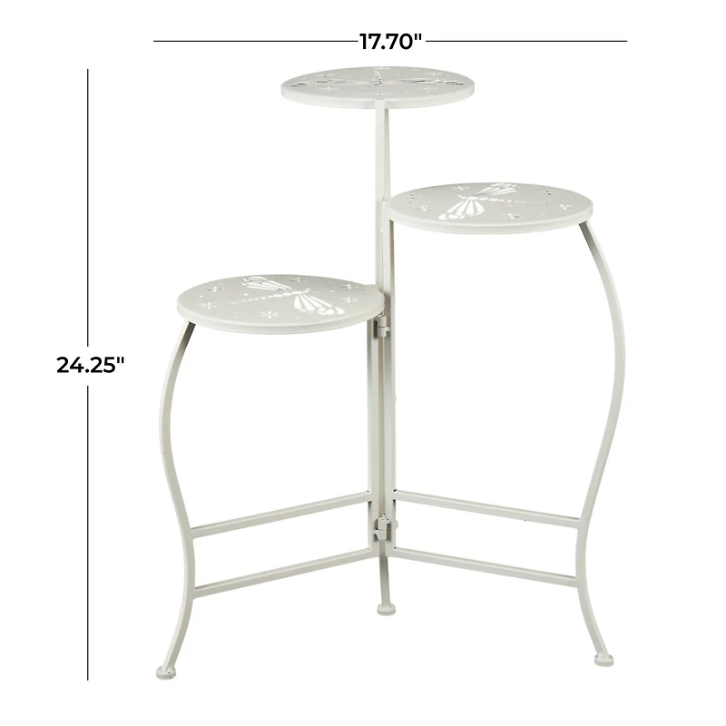 24" White Metal Folding 3-Tier Plant Stand with Dragonfly & Star Cutouts