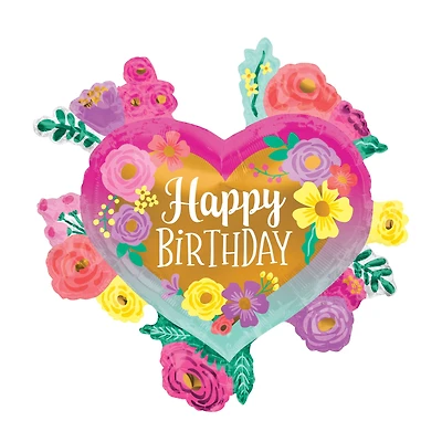 SuperShape™ 27" Happy Birthday Painted Flowers Foil Balloon